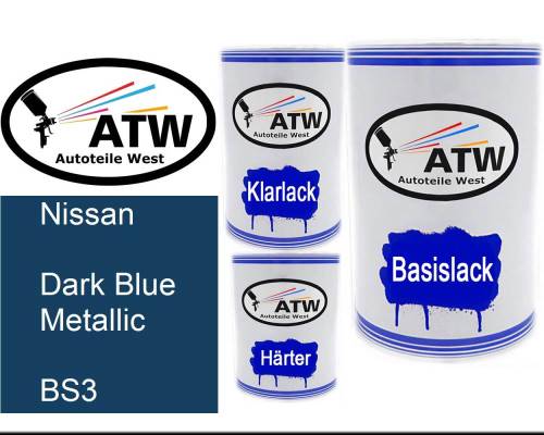 Nissan, Dark Blue Metallic, BS3: 500ml Lackdose + 500ml Klarlack + 250ml Härter - Set, von ATW Autoteile West.